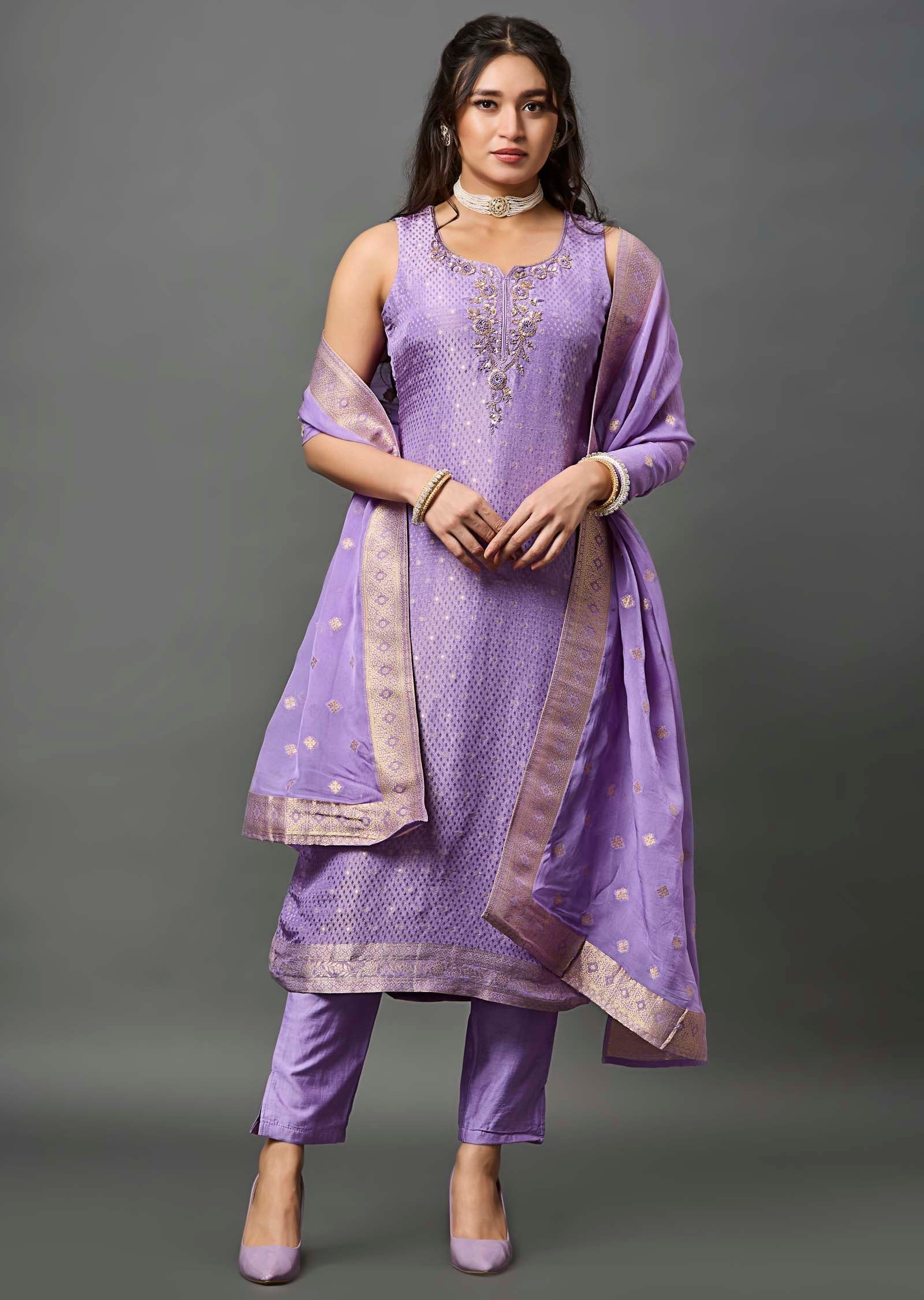 Purple Banarasi Silk Straight Cut Suit