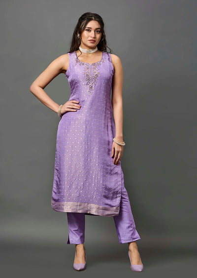 Purple Banarasi Silk Straight Cut Suit