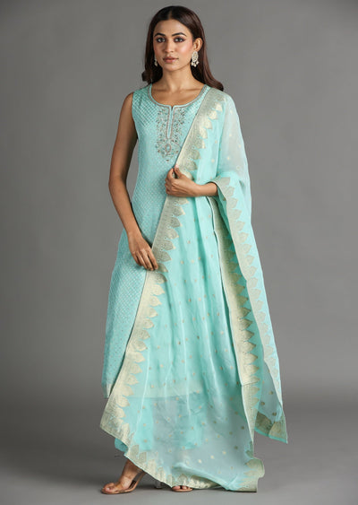 Aqua Banarasi Straight Cut Suit