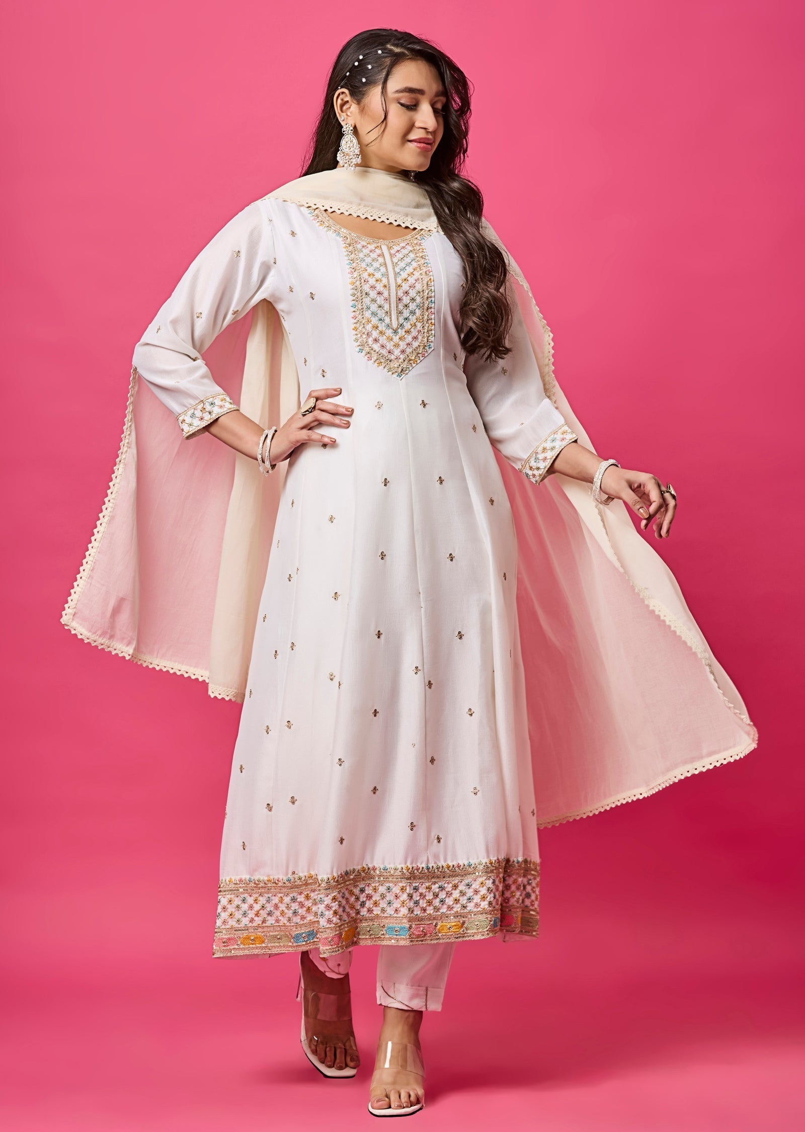 Off White Soft Silk Anarkali Suit