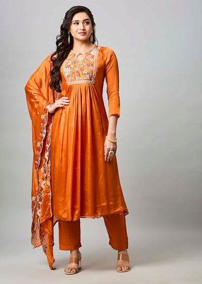Orange Chinnon Anarkali Suit