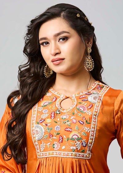Orange Chinnon Anarkali Suit