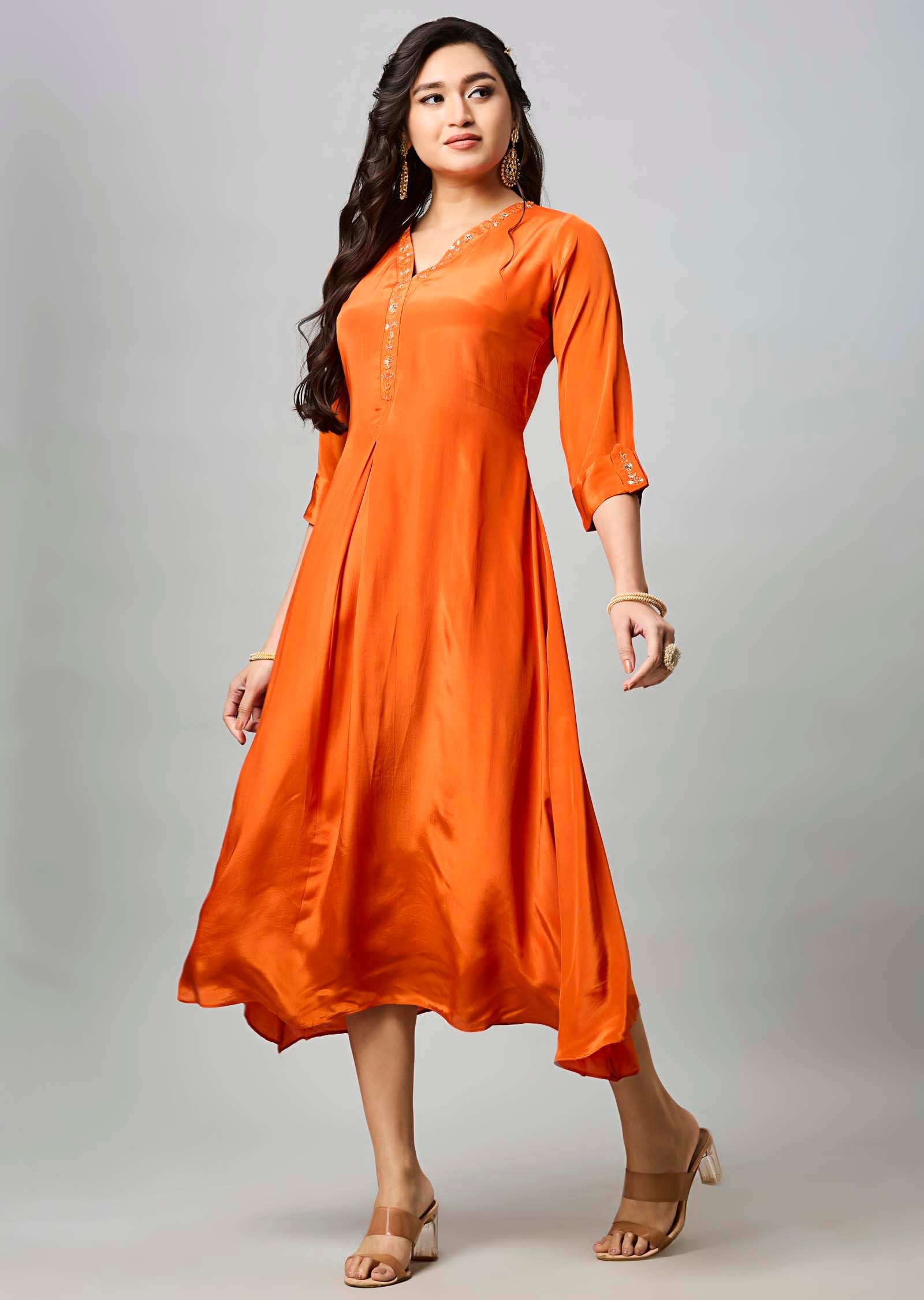 Orange Crepe Midi Dress