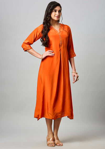 Orange Crepe Midi Dress