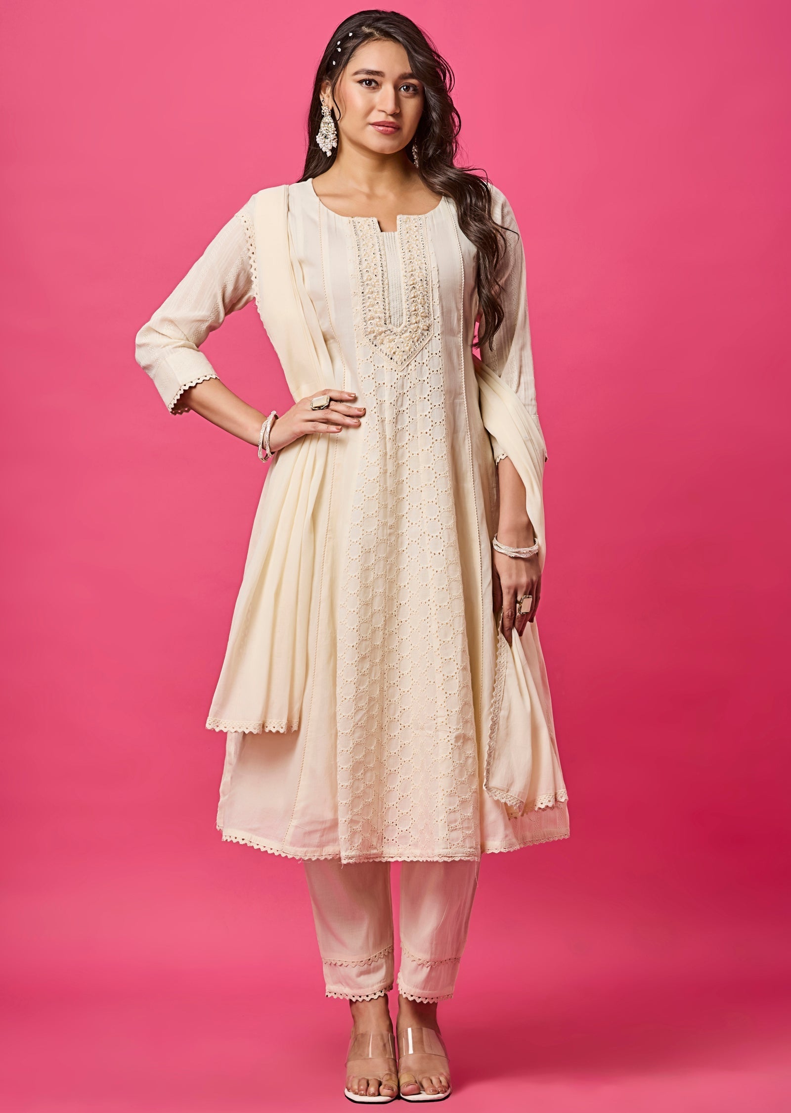 Off White Cotton Anarkali Suit