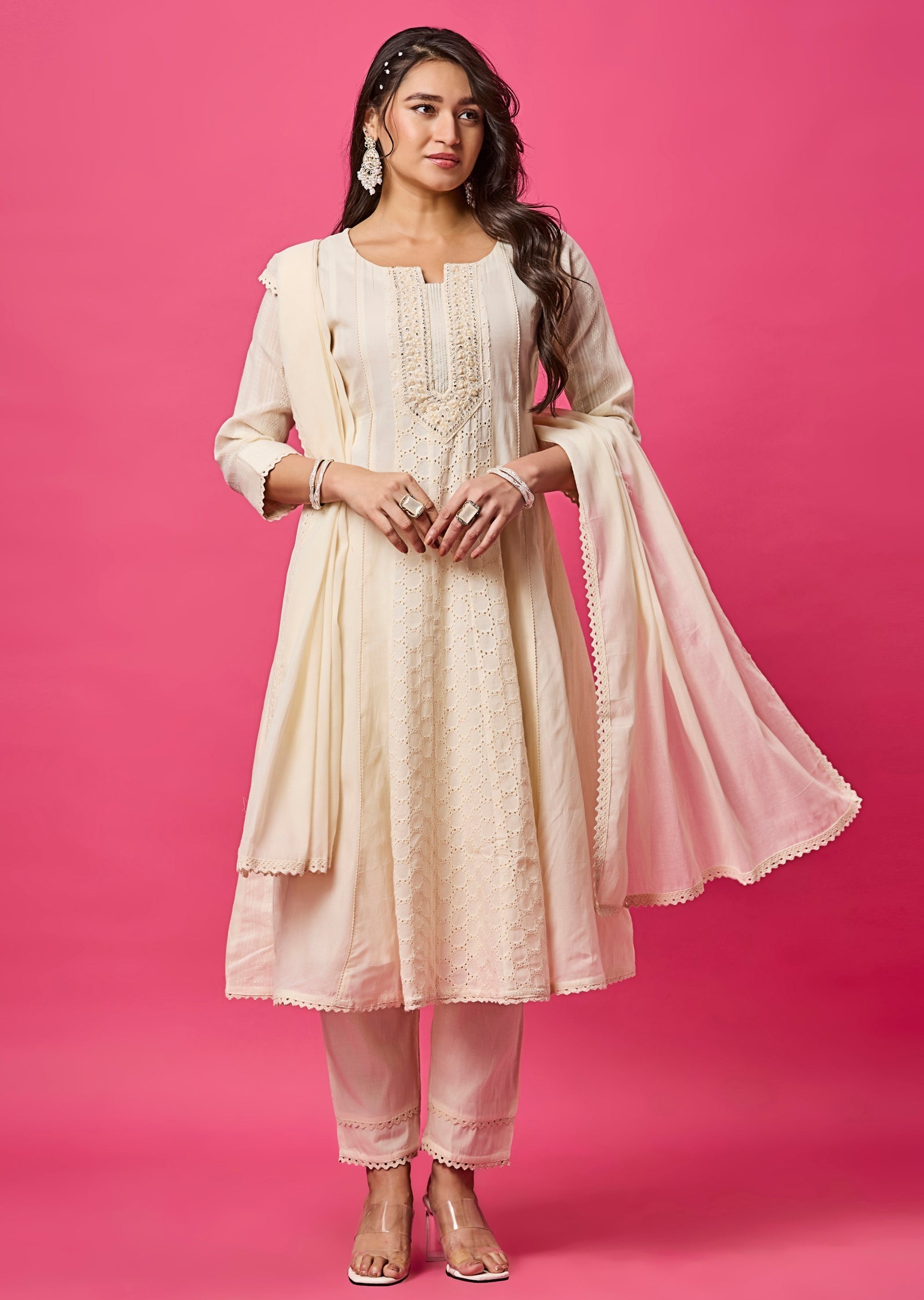 Off White Cotton Anarkali Suit