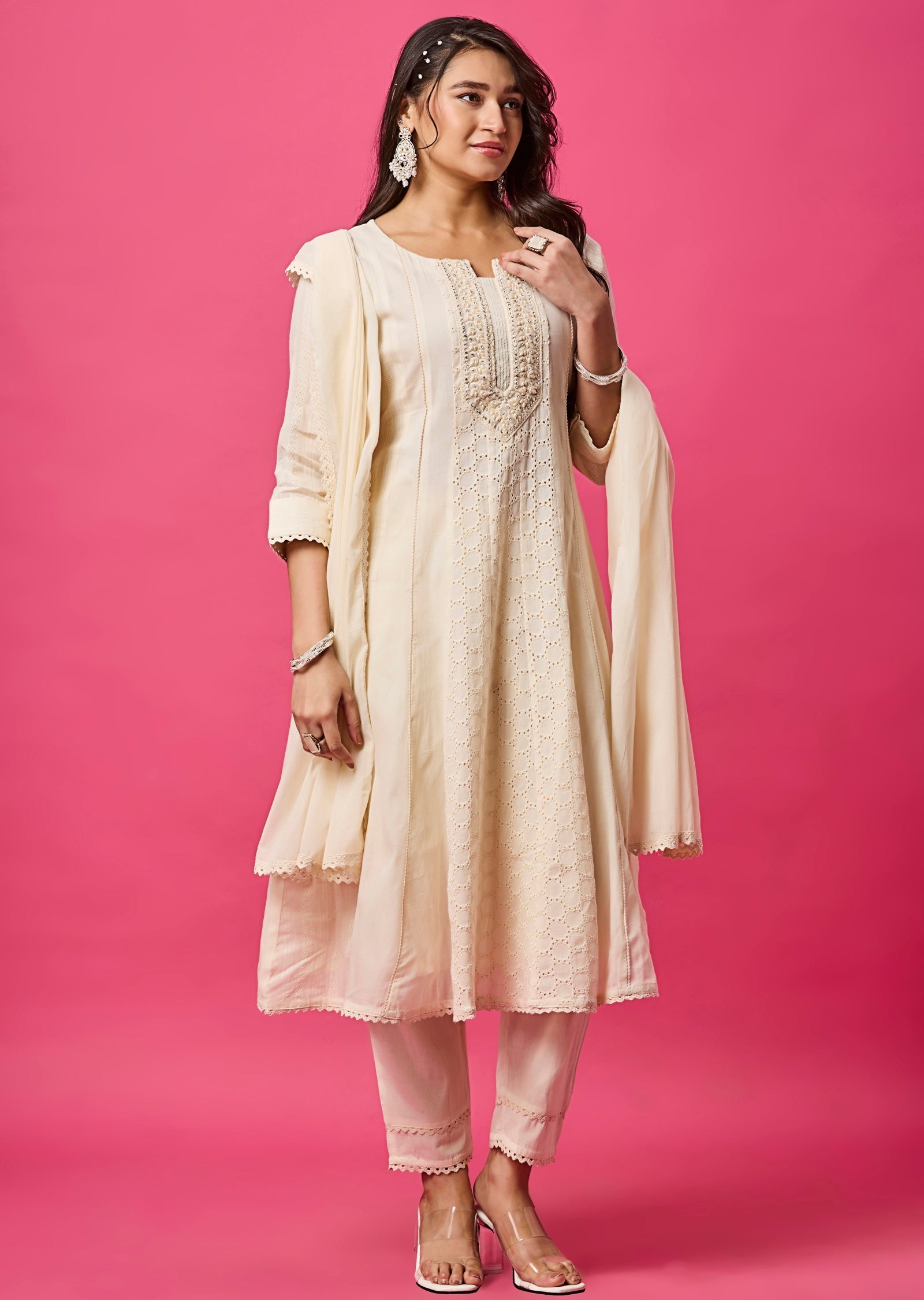 Off White Cotton Anarkali Suit