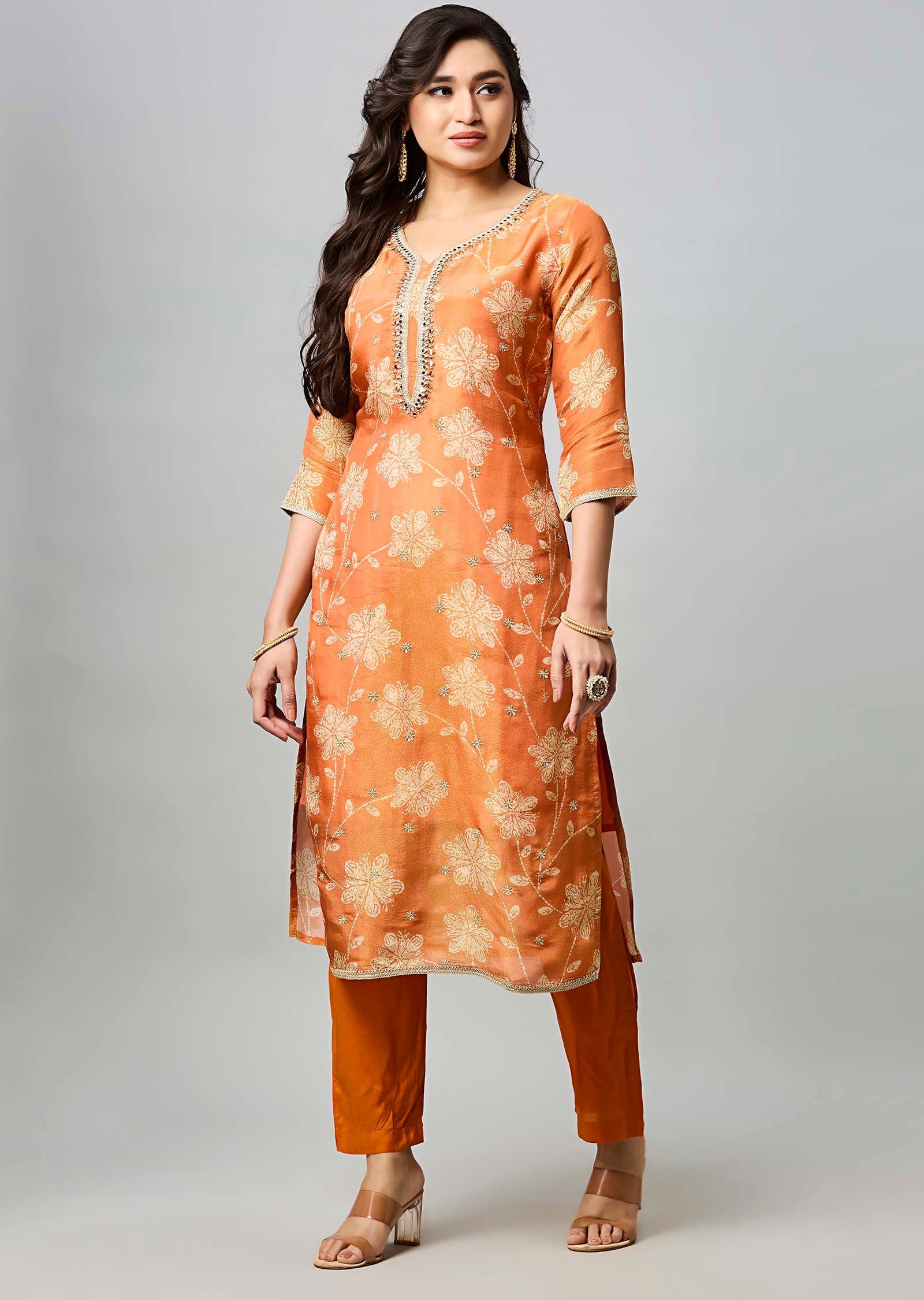 Orange Tissue Silk Straight Cut Kurti
