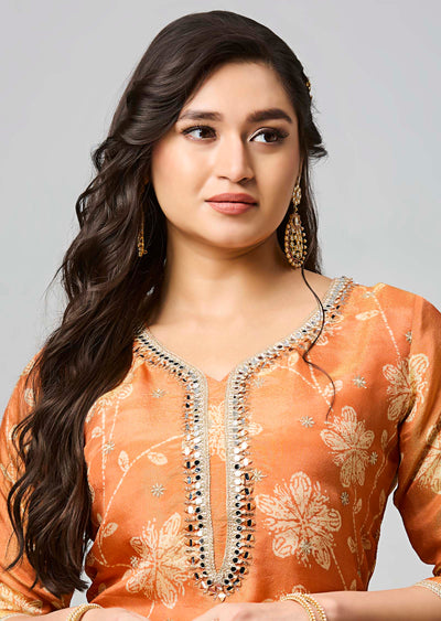 Orange Tissue Silk Straight Cut Kurti
