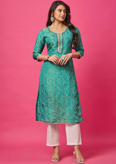 Sea Green Tissue Silk Straight Cut Kurti