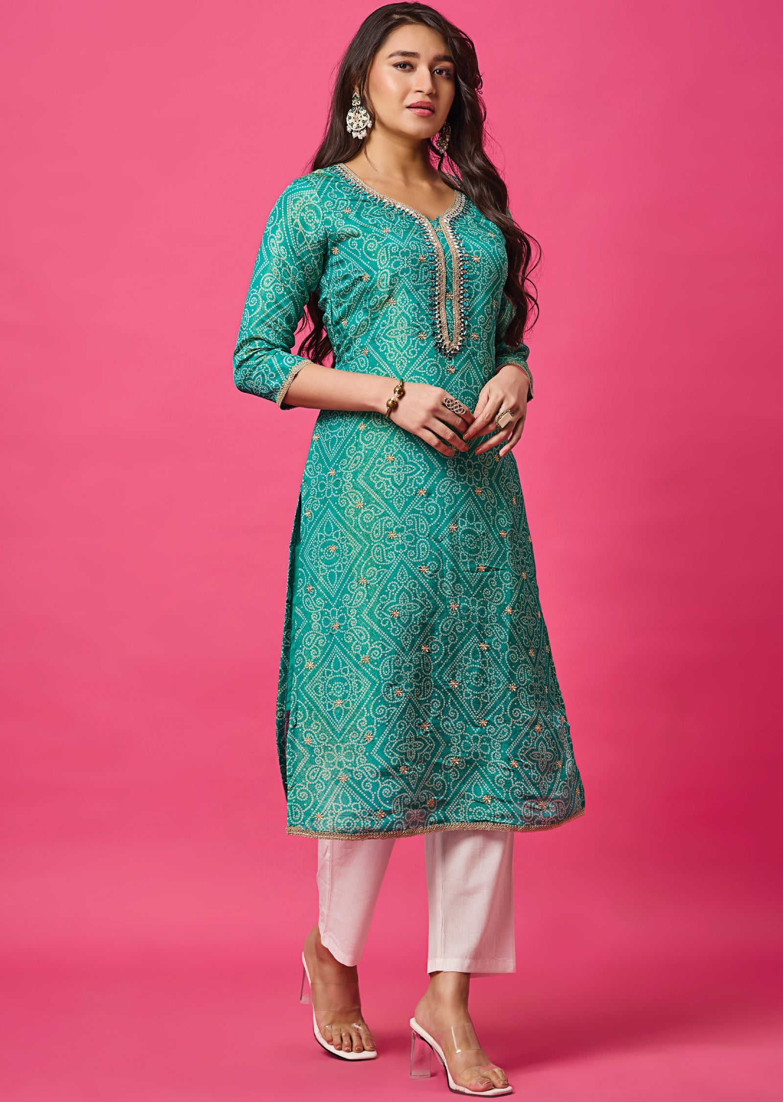 Sea Green Tissue Silk Straight Cut Kurti