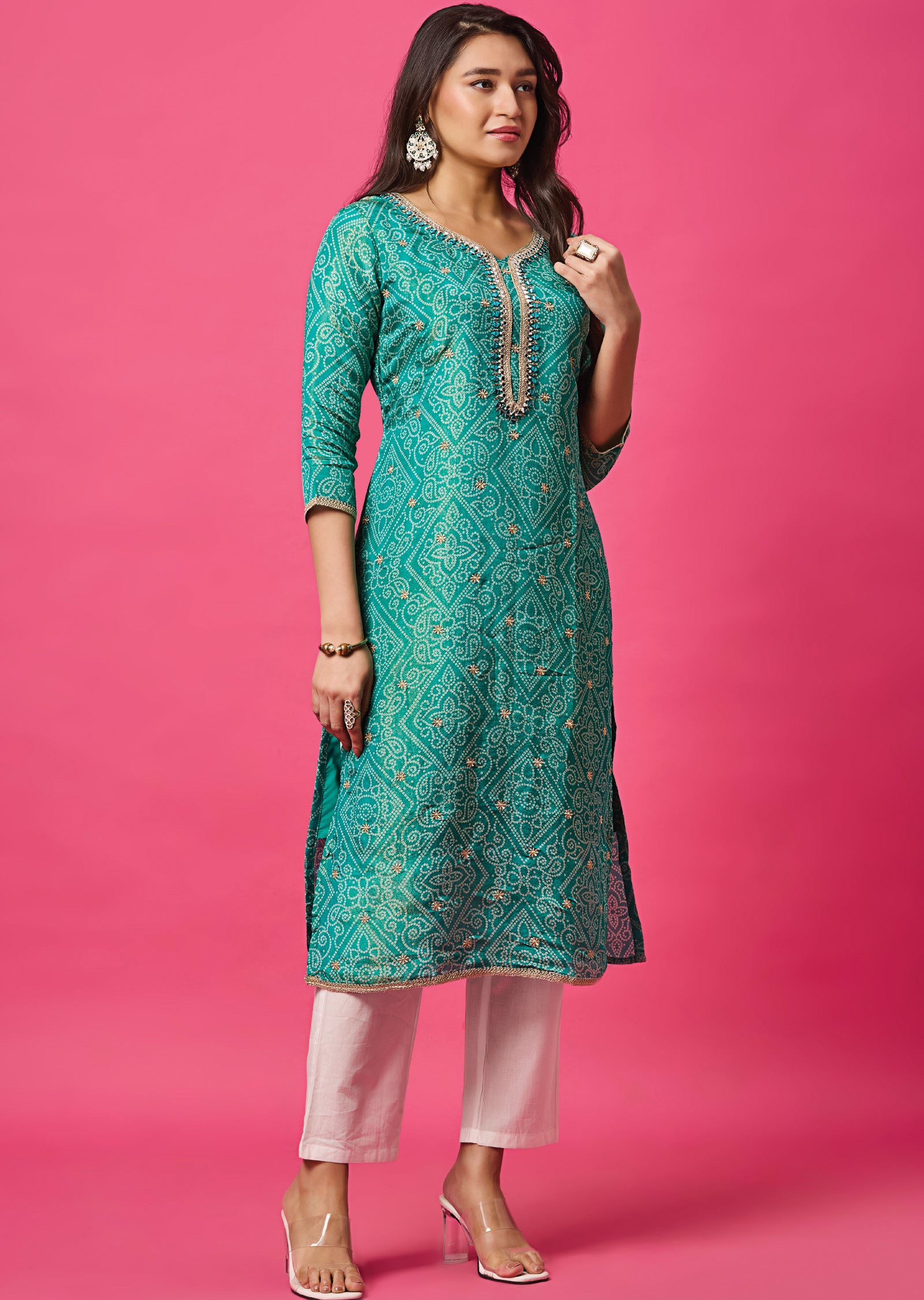Sea Green Tissue Silk Straight Cut Kurti