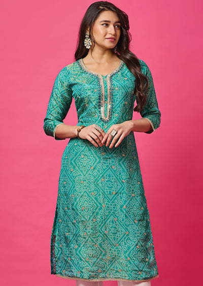 Sea Green Tissue Silk Straight Cut Kurti