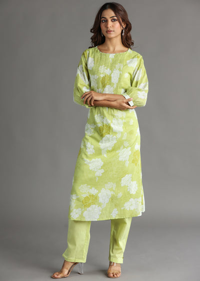 Light Green Cotton Straight Cut Kurti Set