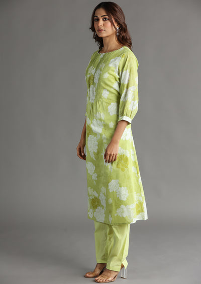 Light Green Cotton Straight Cut Kurti Set