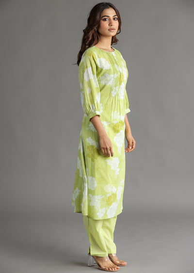 Light Green Cotton Straight Cut Kurti Set