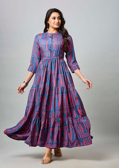 Teal Blue & Pink Muslin Long Dress