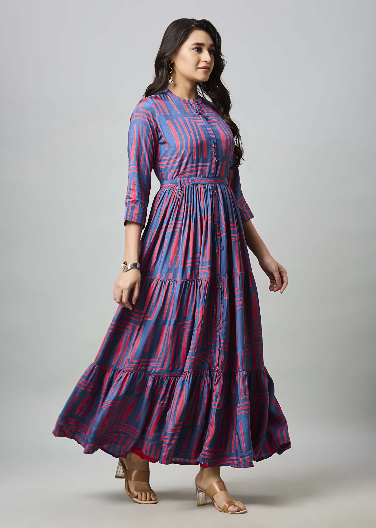 Teal Blue & Pink Muslin Long Dress