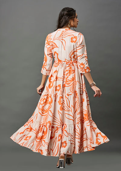 Light Peach & Orange Muslin Long Dress