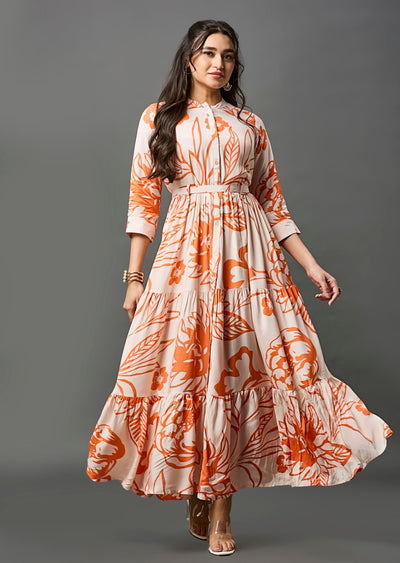 Light Peach & Orange Muslin Long Dress
