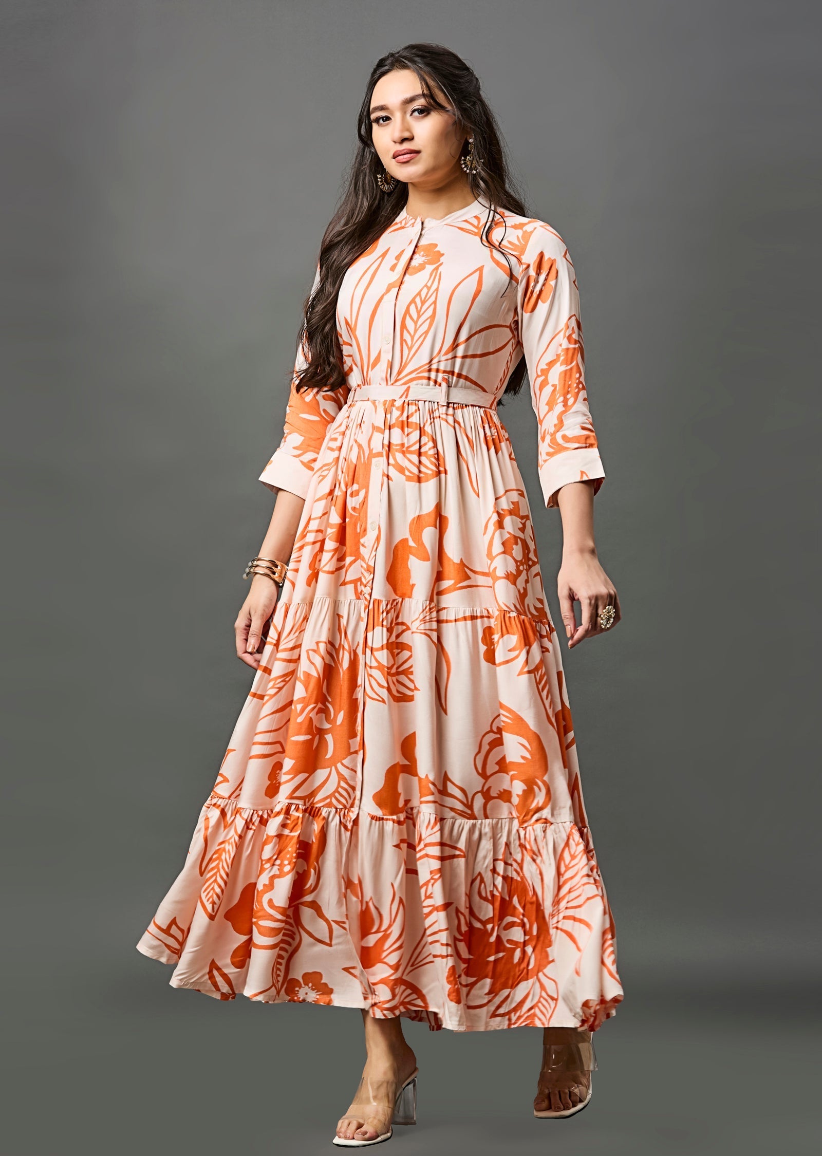 Light Peach & Orange Muslin Long Dress
