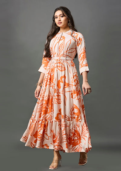 Light Peach & Orange Muslin Long Dress
