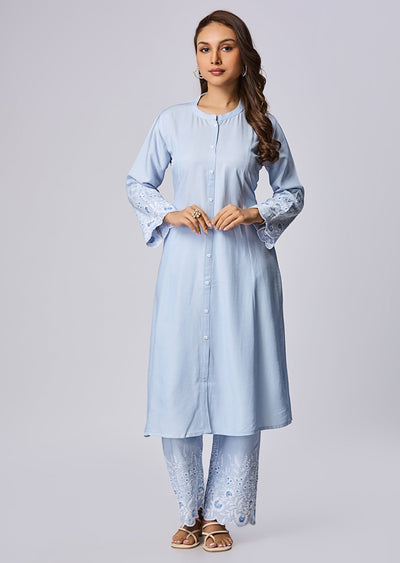 Sky Blue Silk Straight Cut Kurti Set