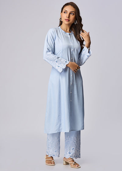Sky Blue Silk Straight Cut Kurti Set