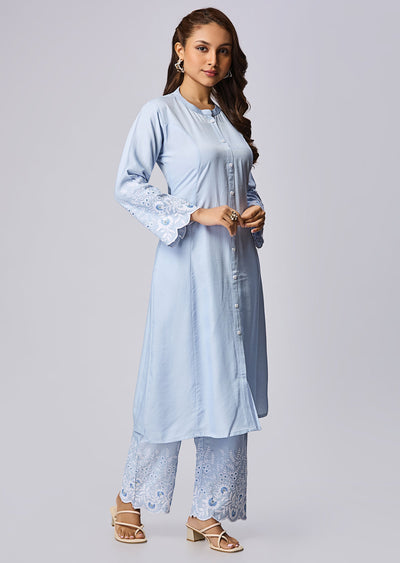 Sky Blue Silk Straight Cut Kurti Set