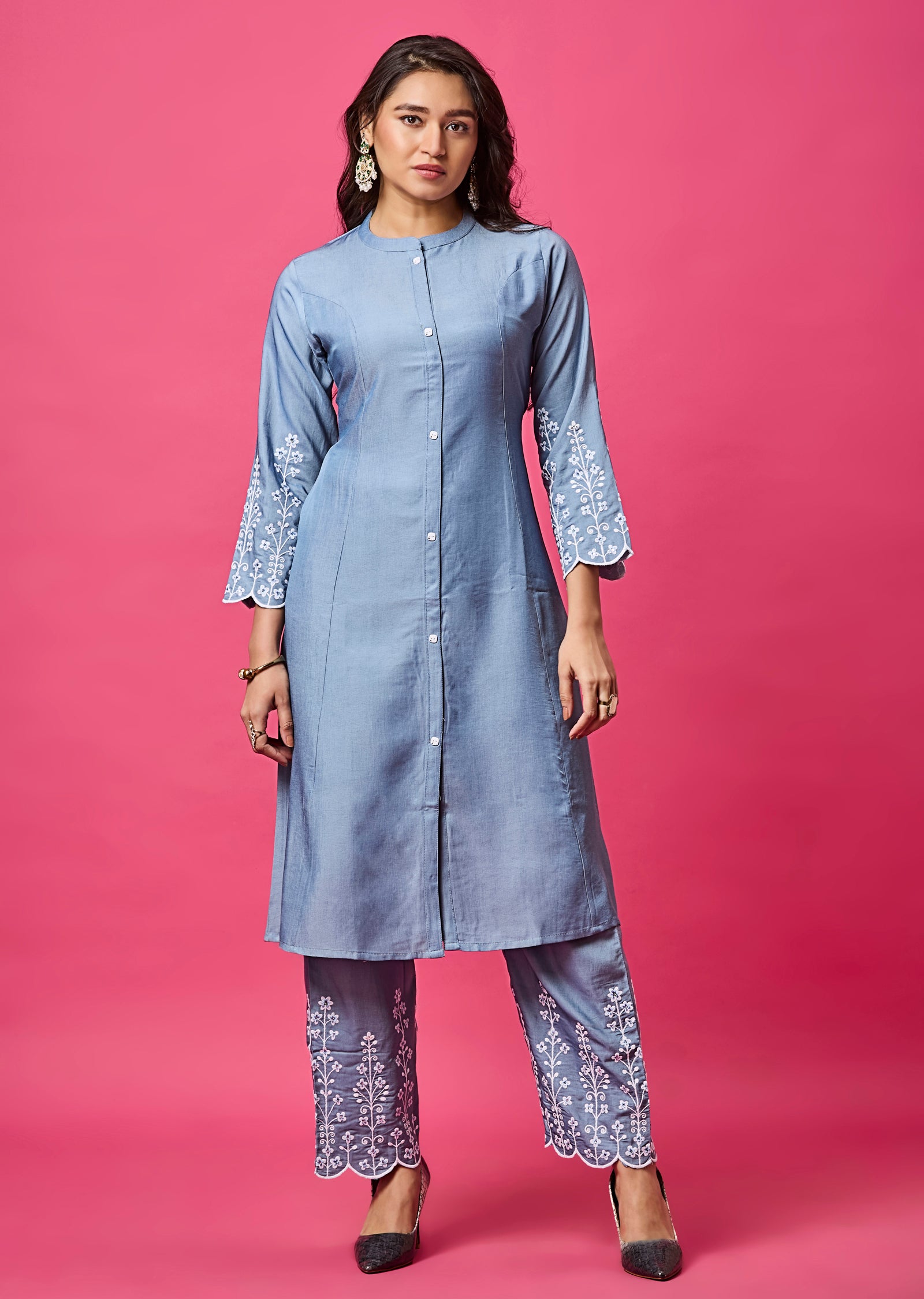 Light Blue Silk Straight Cut Kurti Set