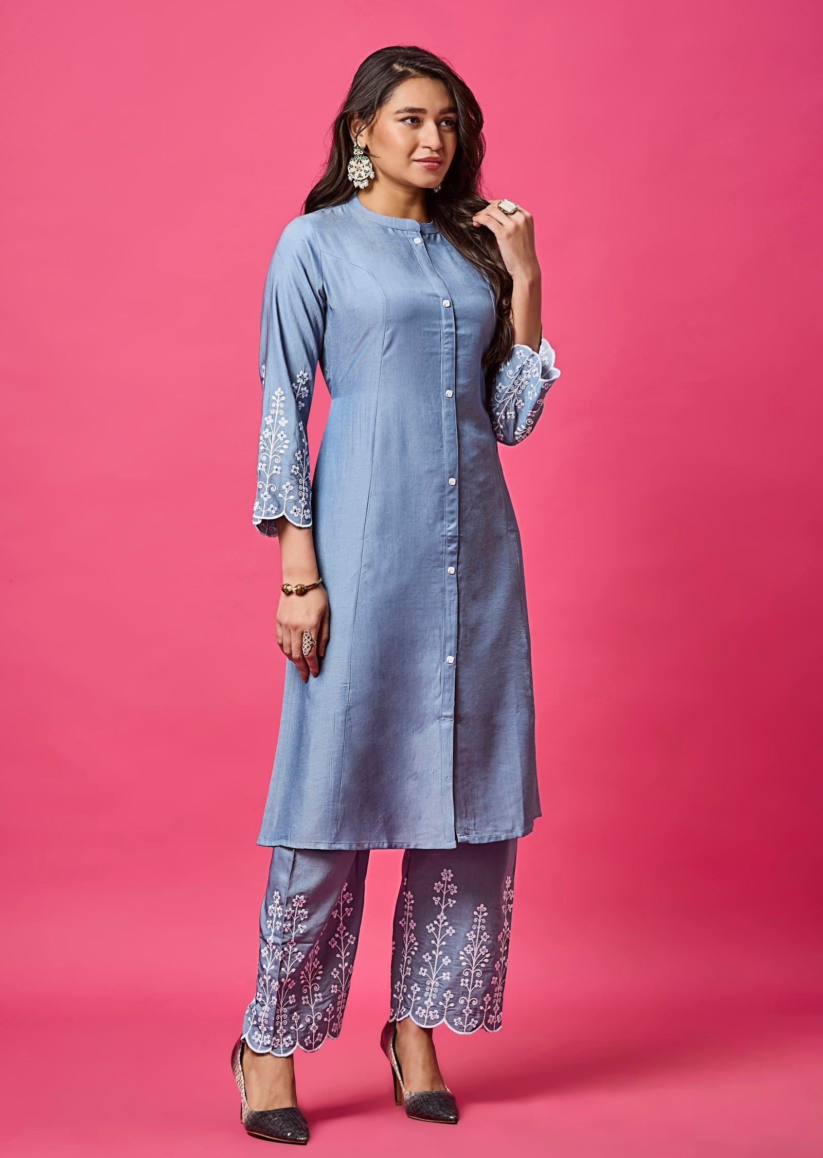 Light Blue Silk Straight Cut Kurti Set