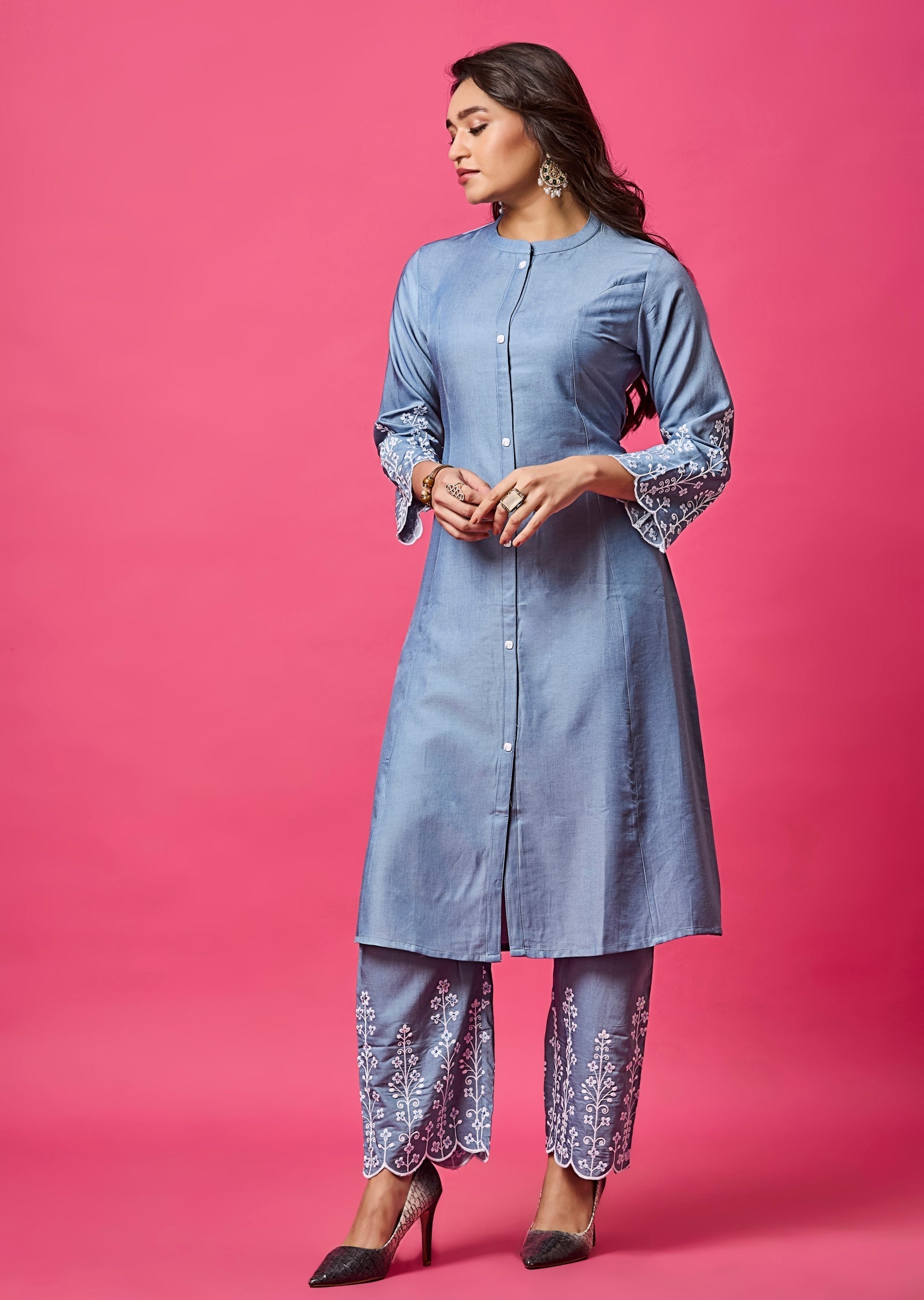 Light Blue Silk Straight Cut Kurti Set