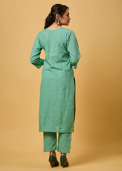 Dusty Green Cotton Straight Cut Kurti Set