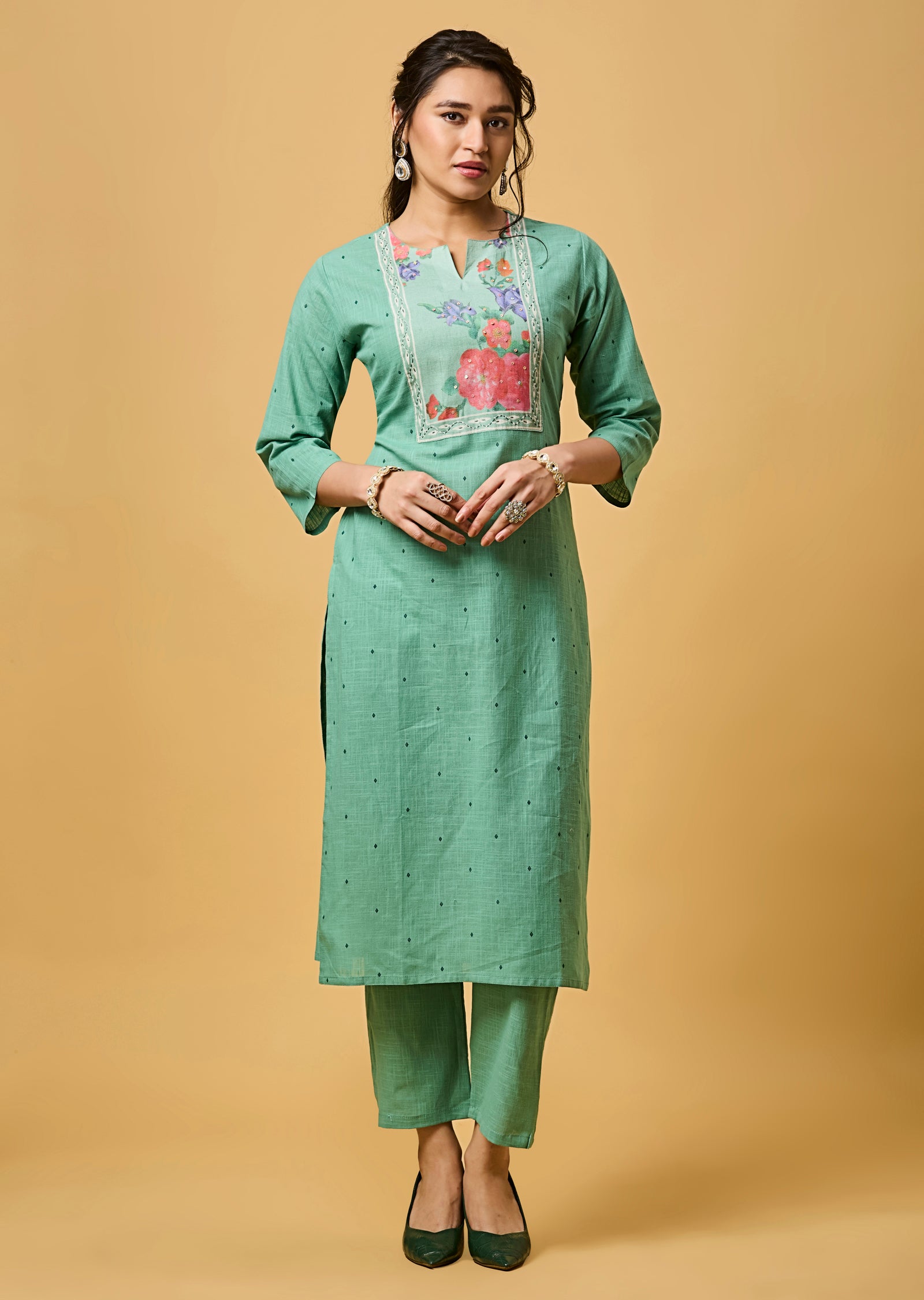 Dusty Green Cotton Straight Cut Kurti Set