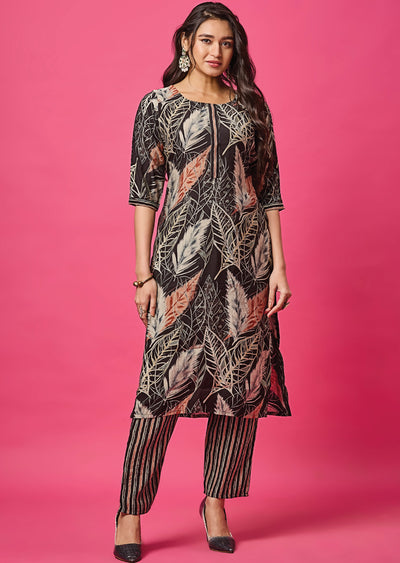 Black Muslin Straight Cut Kurti Set