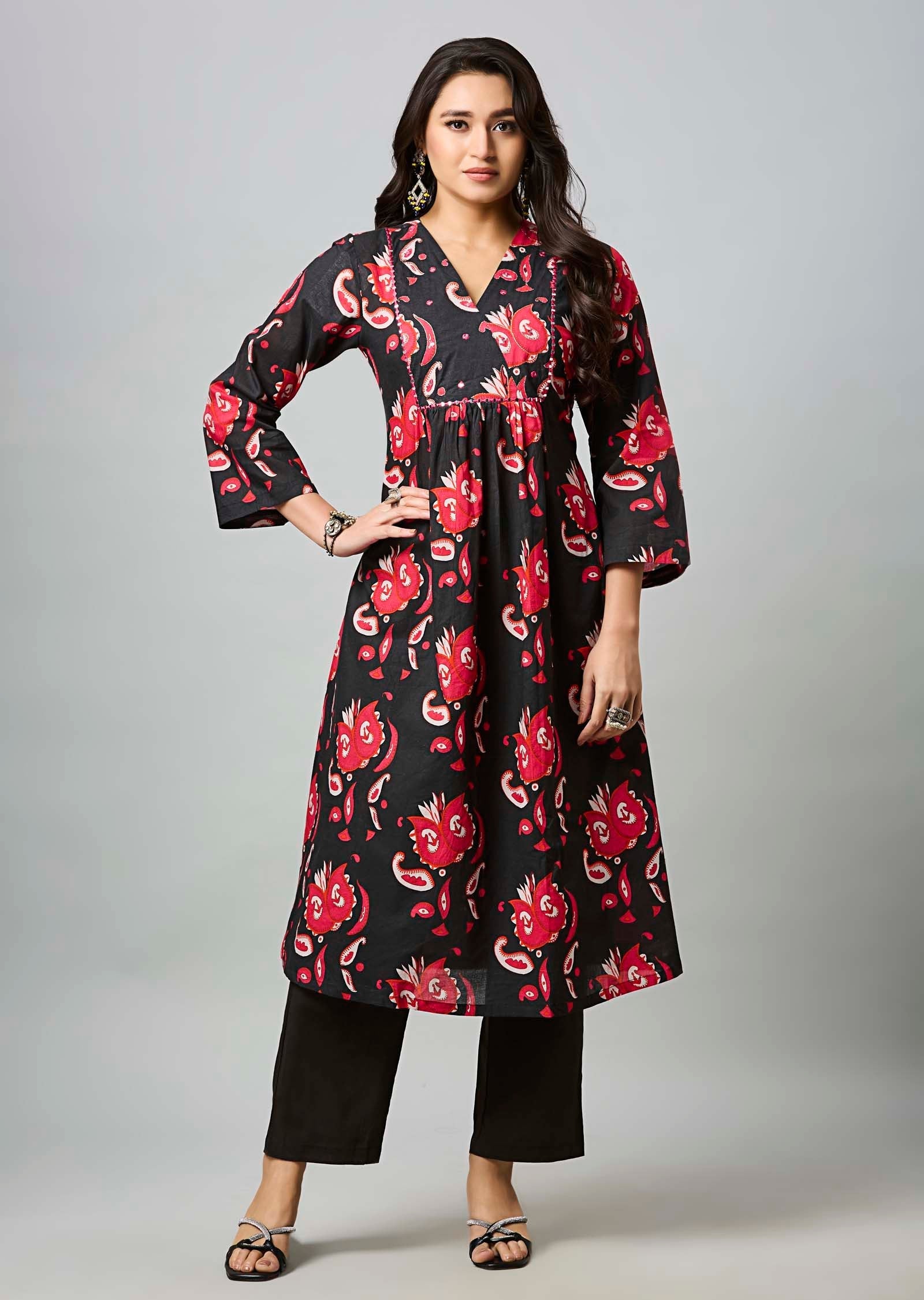 Black & Red Cotton Straight Cut Kurti Set