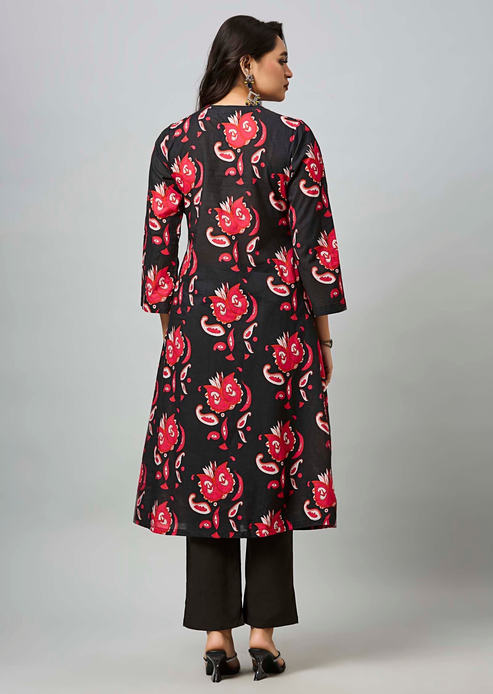 Black & Red Cotton Straight Cut Kurti Set