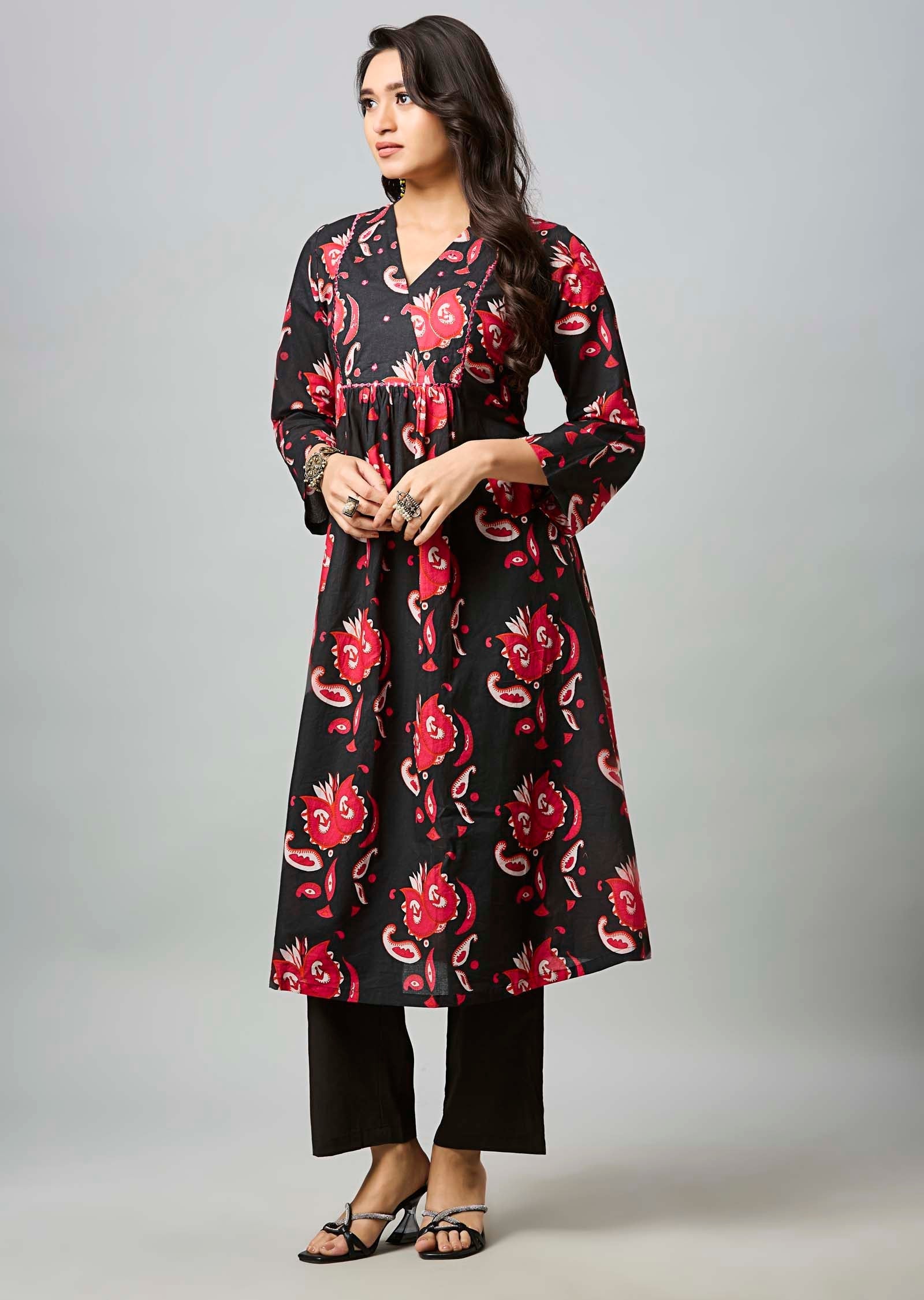 Black & Red Cotton Straight Cut Kurti Set