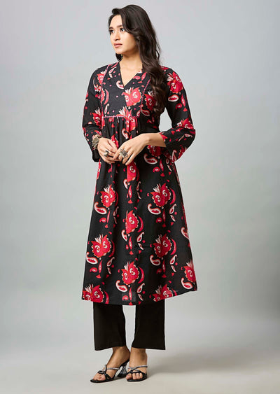 Black & Red Cotton Straight Cut Kurti Set