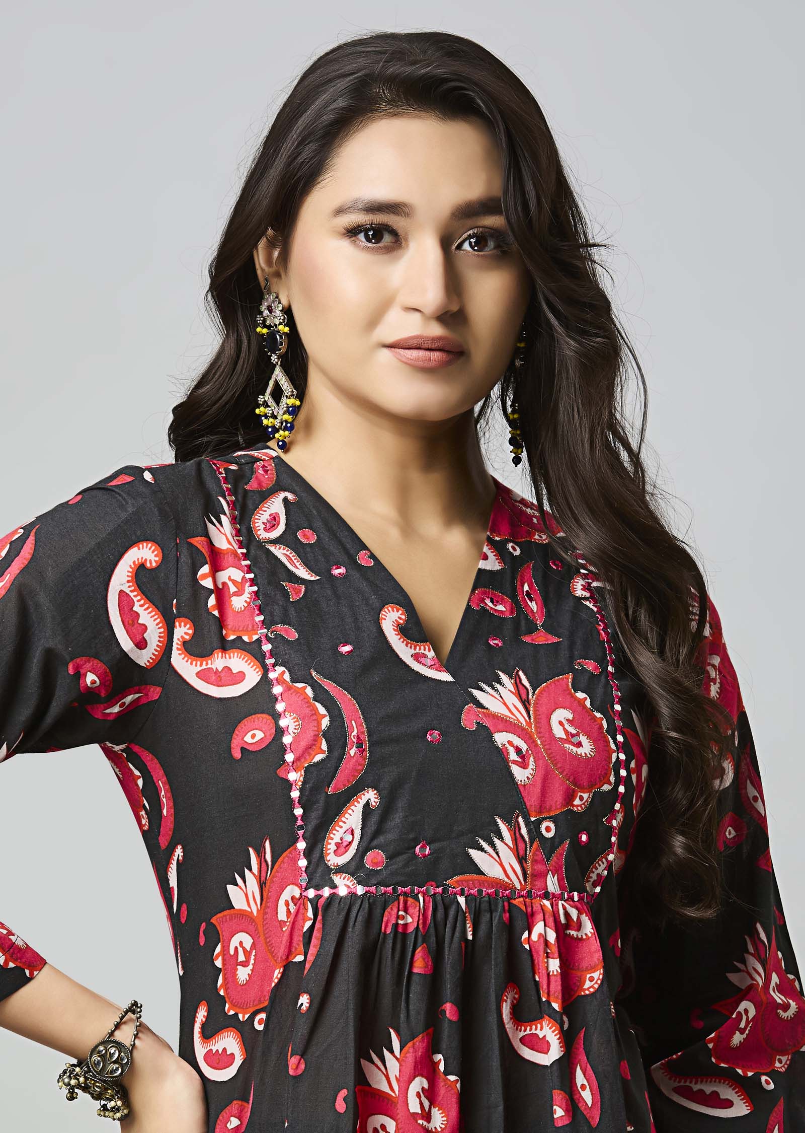 Black & Red Cotton Straight Cut Kurti Set