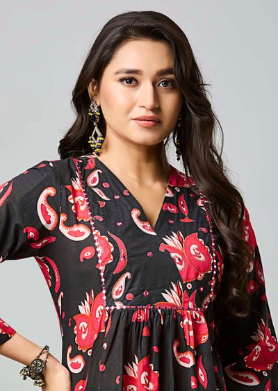 Black & Red Cotton Straight Cut Kurti Set