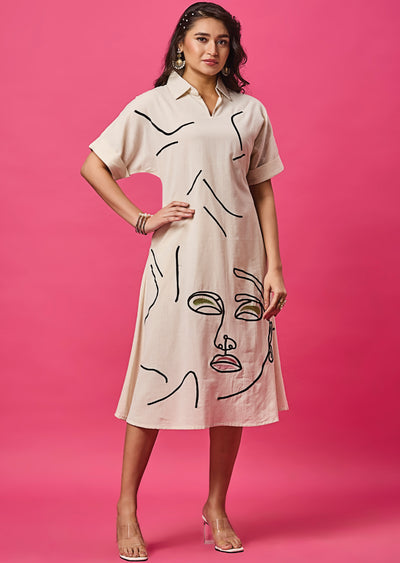 Off White Linen Cotton Midi Dress