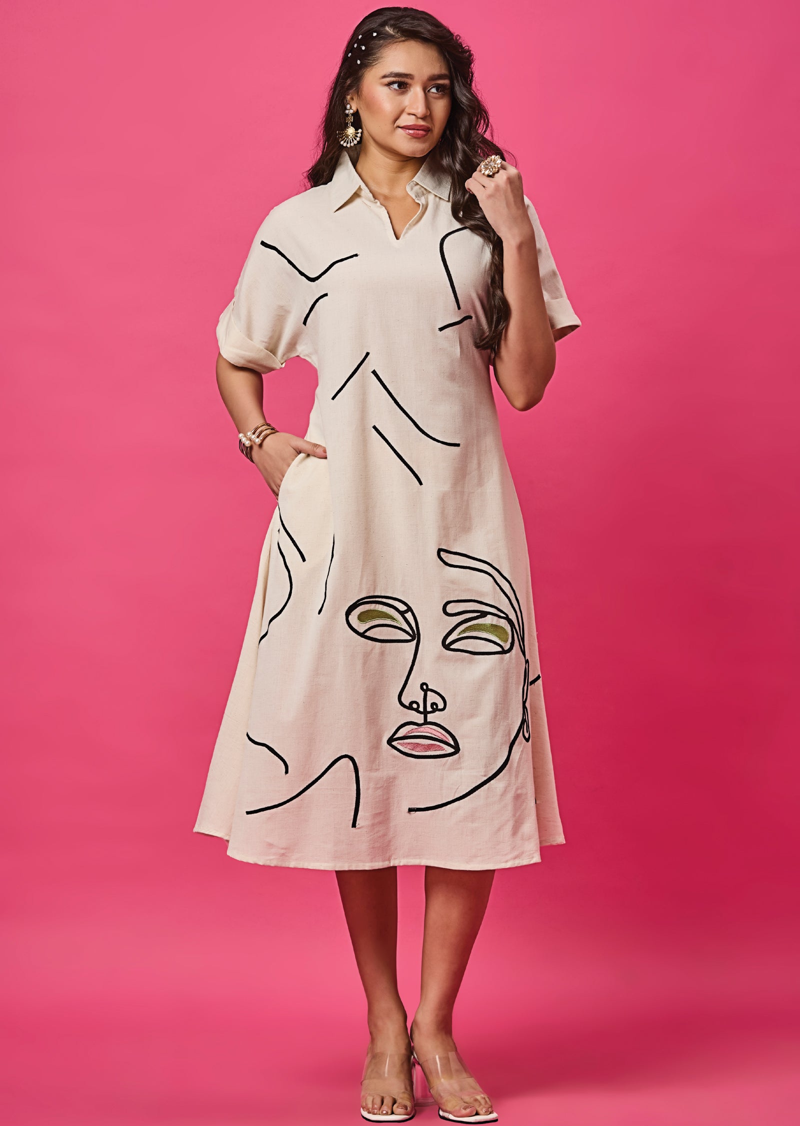 Off White Linen Cotton Midi Dress