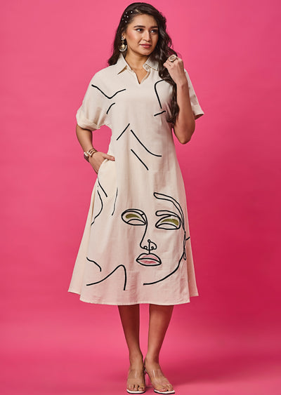 Off White Linen Cotton Midi Dress