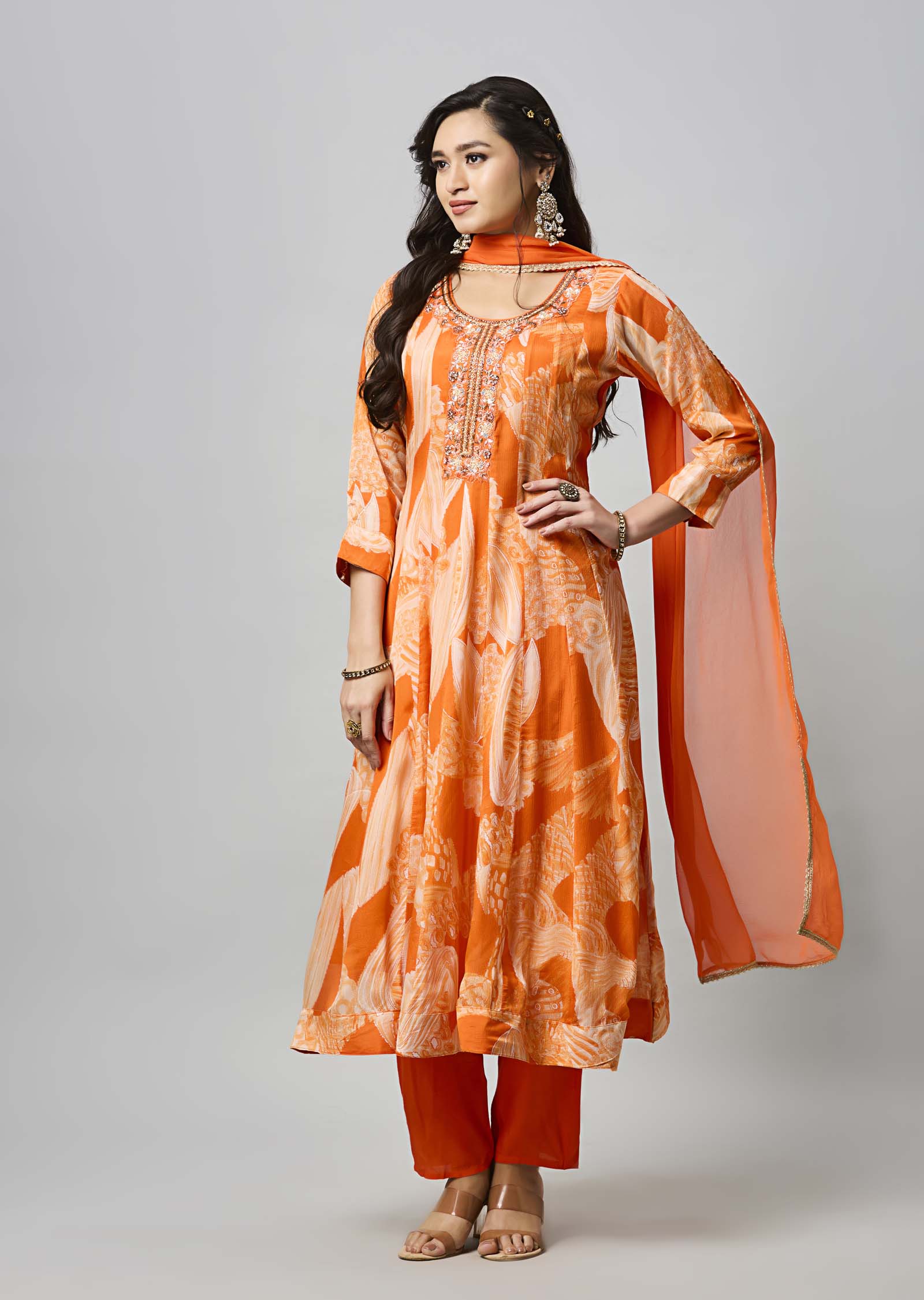 Orange Chinnon Anarkali Suit