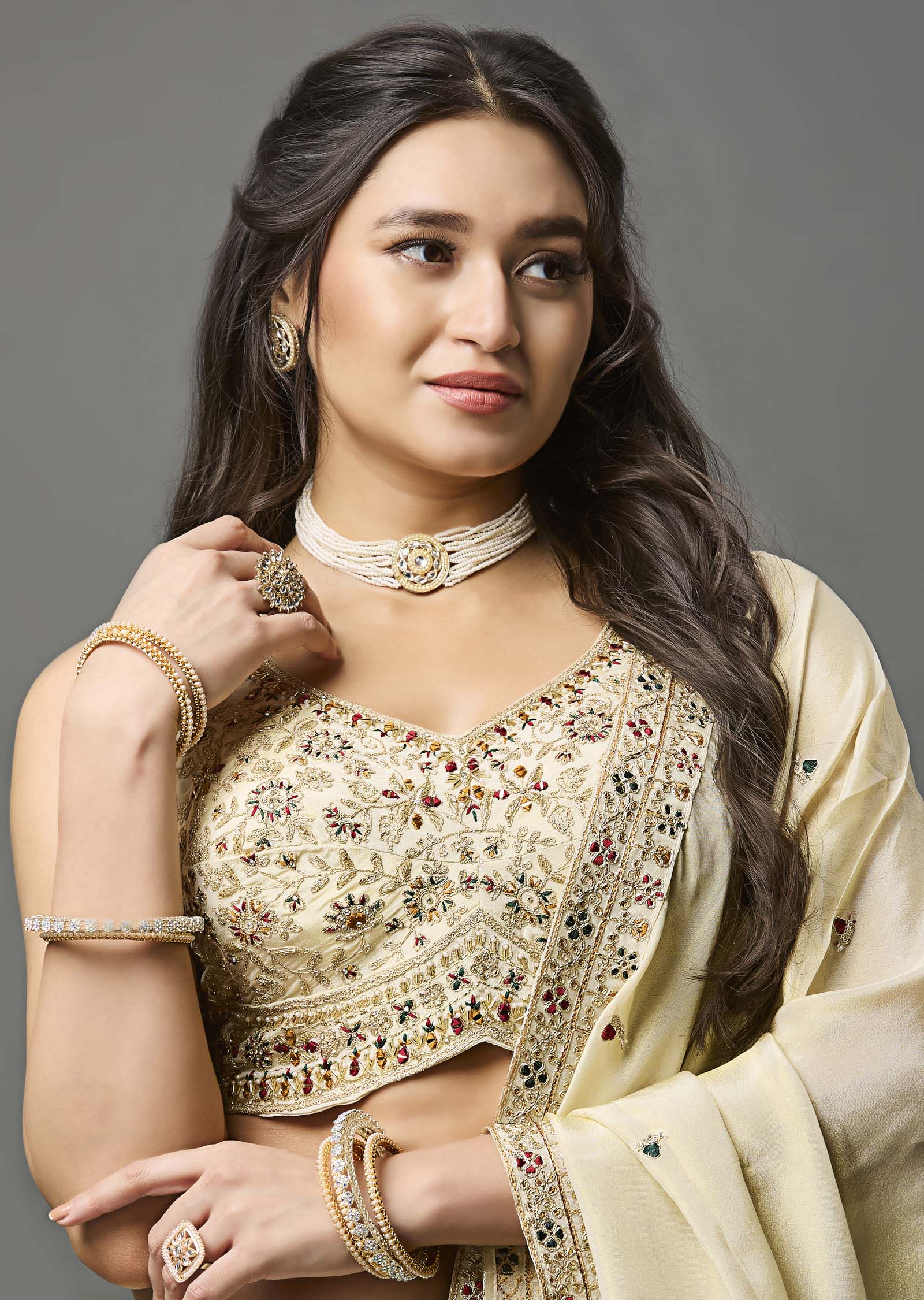 Beige Tissue Silk Lehenga