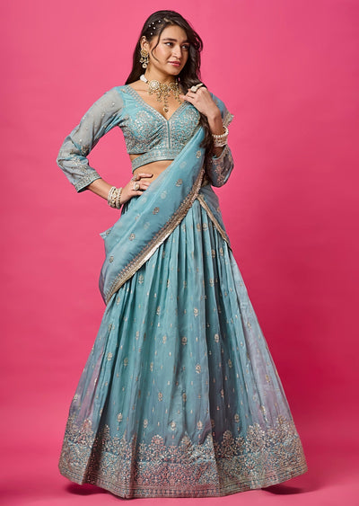 Dusty Blue Organza Lehenga
