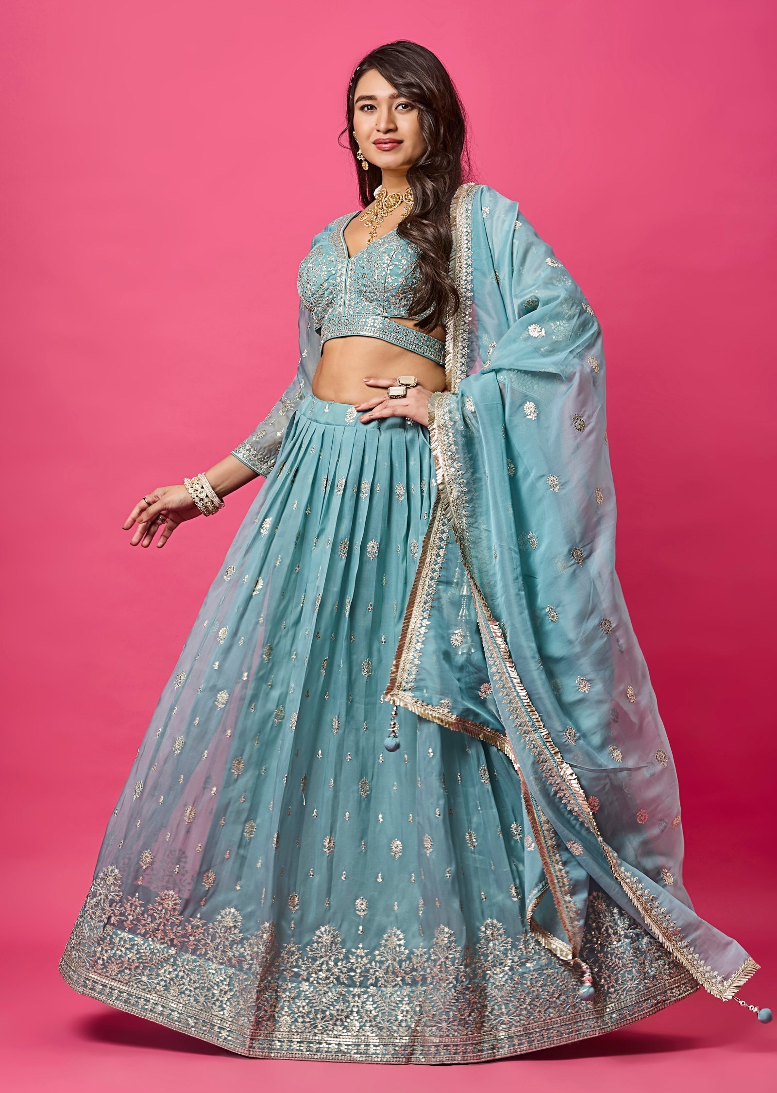 Dusty Blue Organza Lehenga