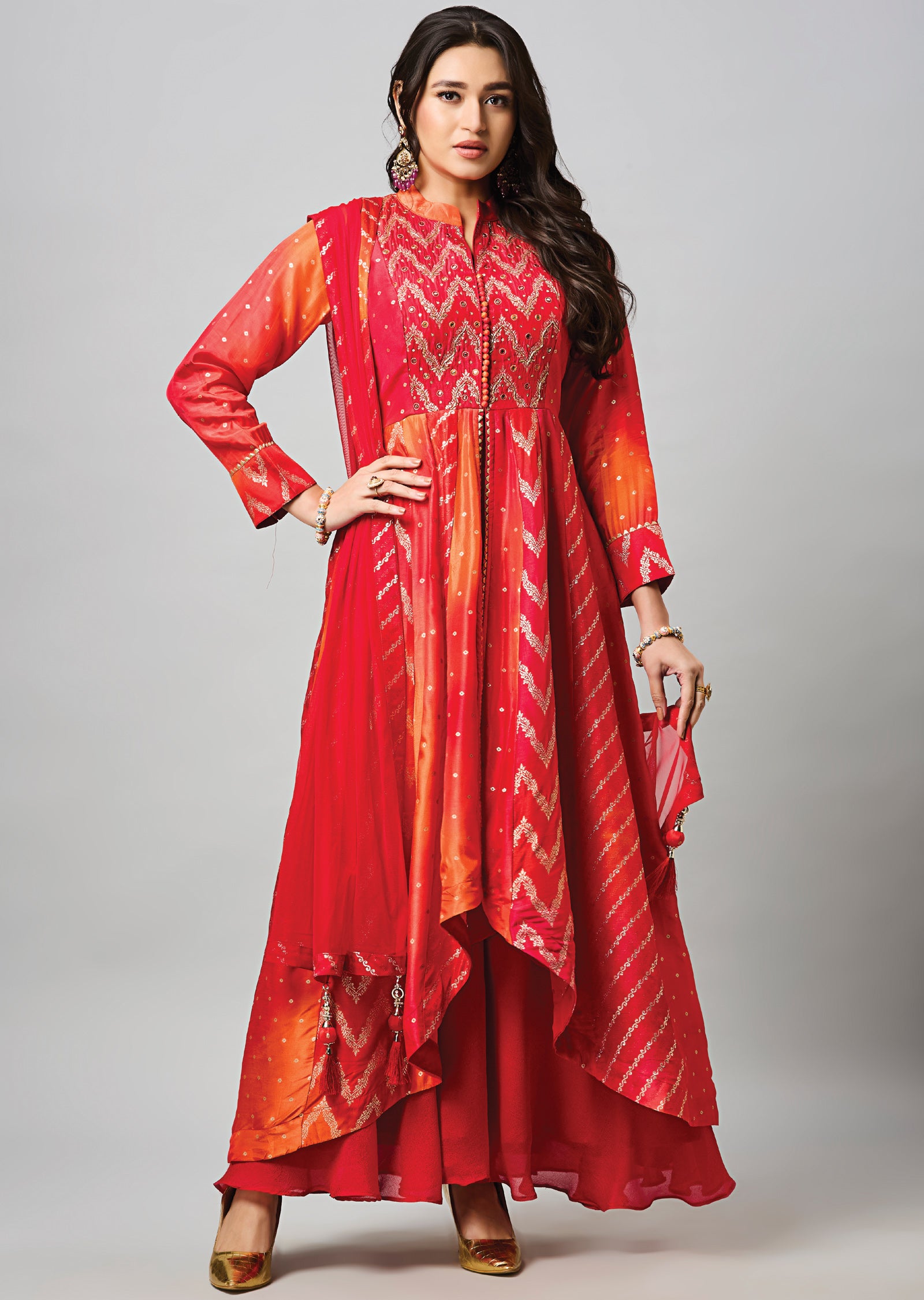 Red Banaras Silk Anarkali Suit