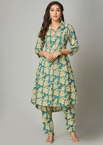 Green Cotton Straight Cut Kurti Set